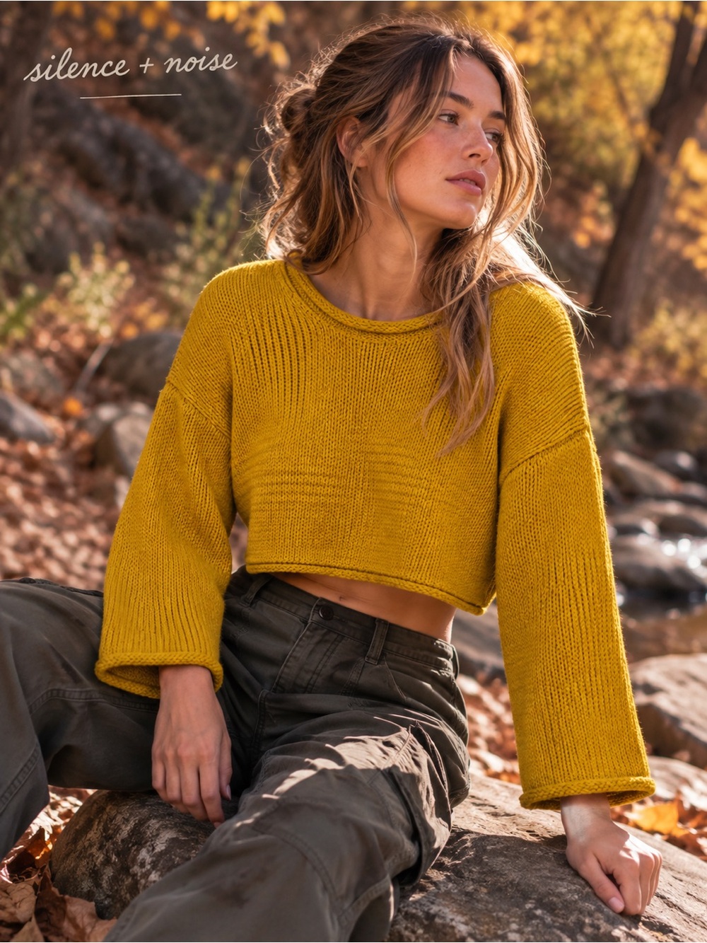 Silence + Noise Women’s Cropped Knit Sweater Mustard Yellow Size M